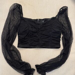 Windsor Black Ruched Crop Blouse with Sheer Long Sleeves